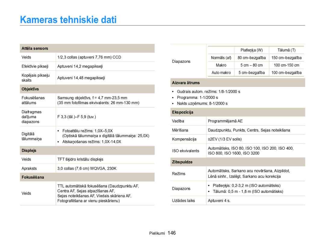 Samsung EC-SH100ZBPBE2 manual Kameras tehniskie dati 