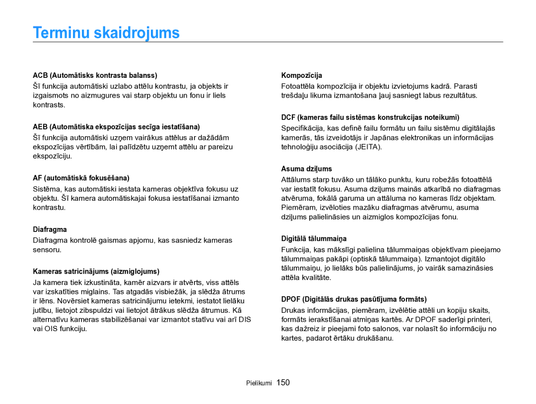 Samsung EC-SH100ZBPBE2 manual Terminu skaidrojums 