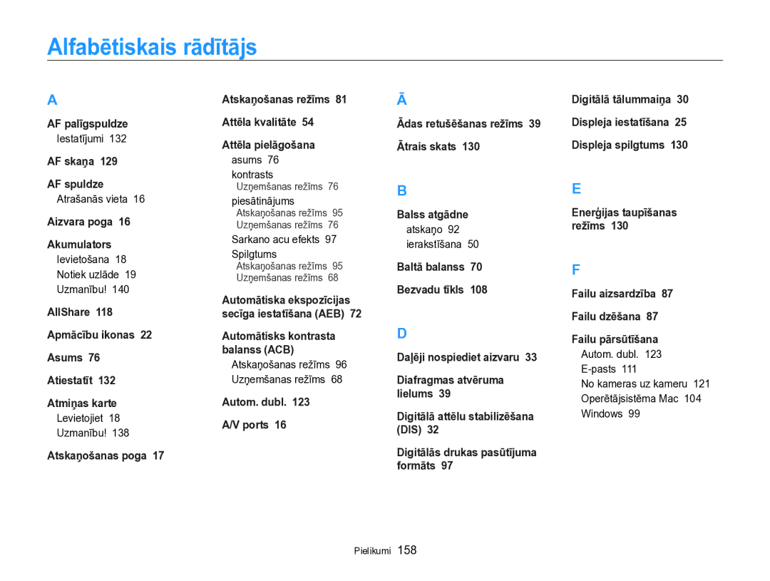 Samsung EC-SH100ZBPBE2 manual Alfabētiskais rādītājs 