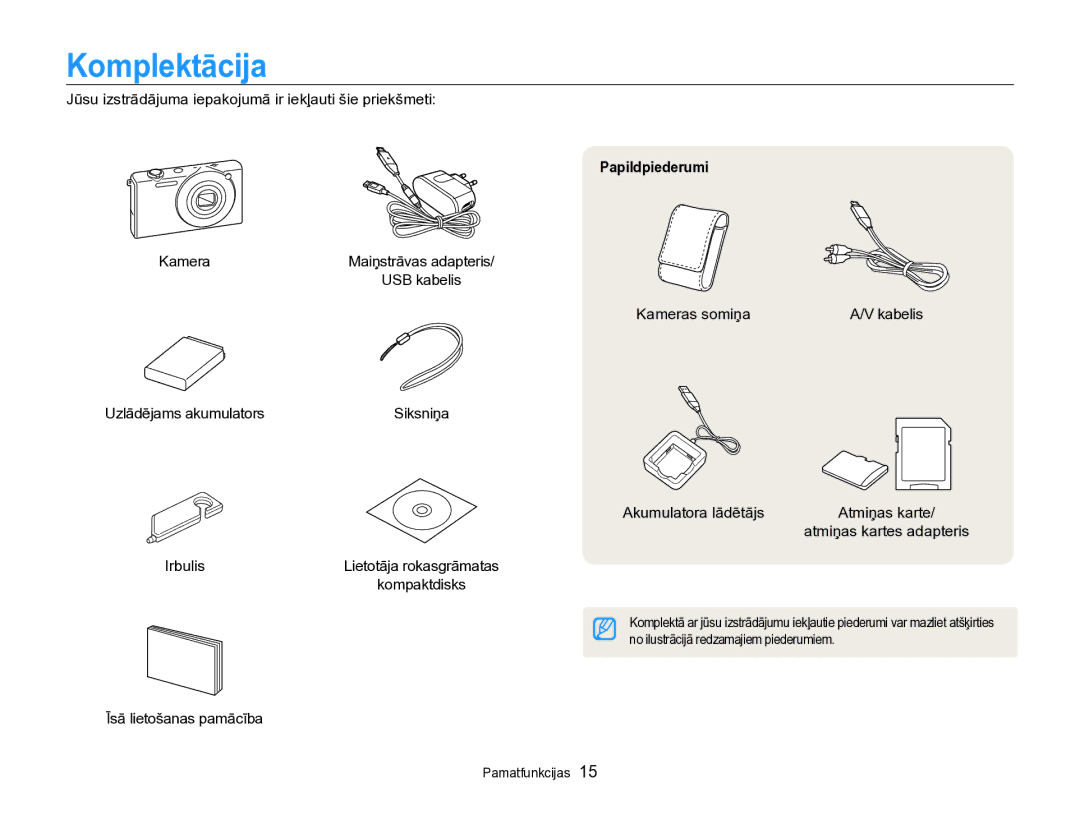 Samsung EC-SH100ZBPBE2 manual Komplektācija, Papildpiederumi 