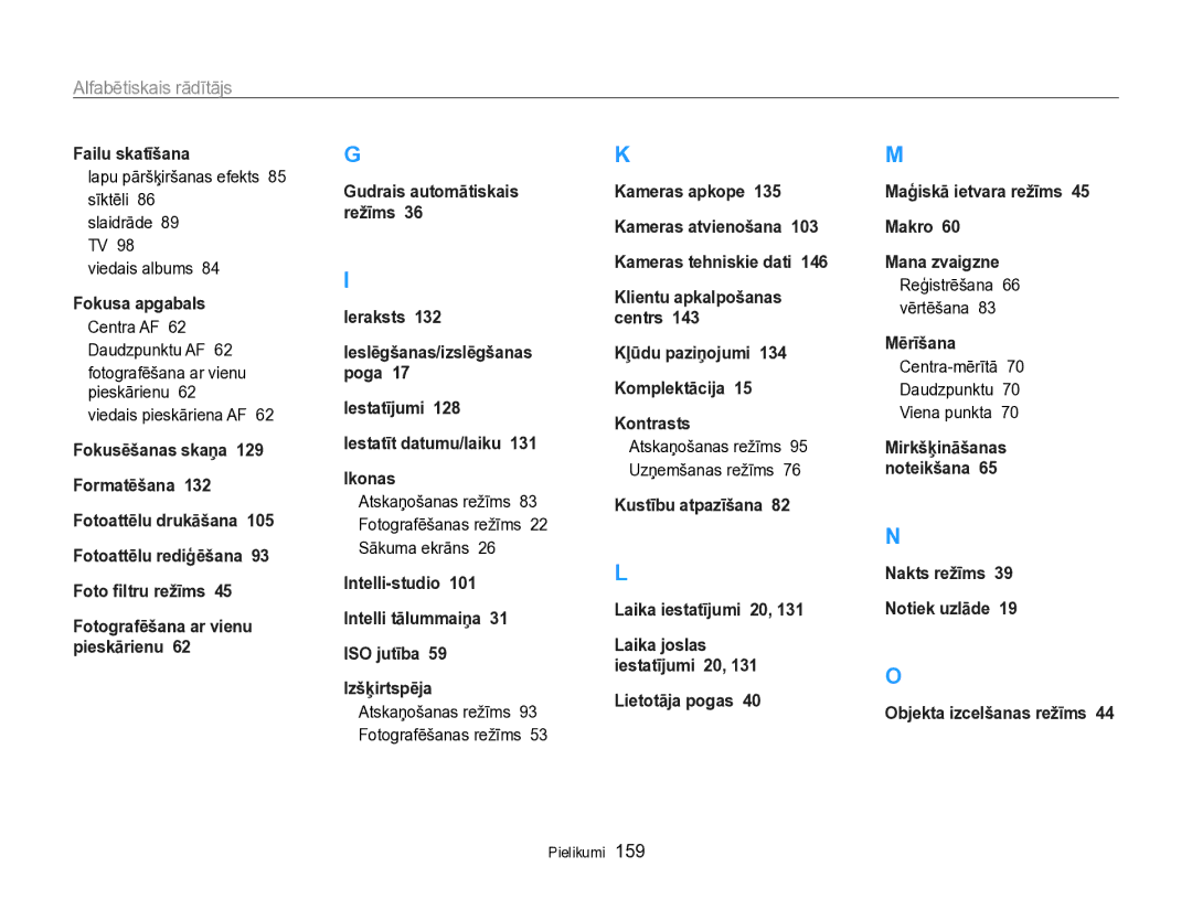 Samsung EC-SH100ZBPBE2 manual Alfabētiskais rādītājs, Fotografēšana ar vienu pieskārienu Viedais pieskāriena AF 