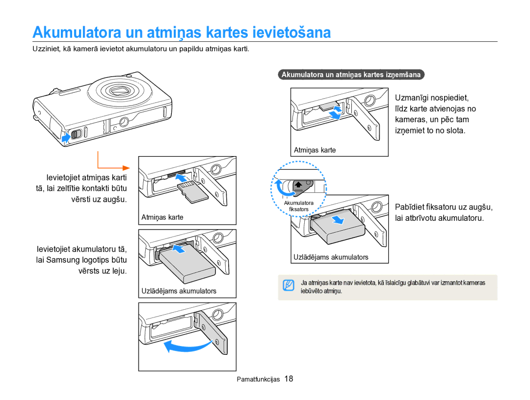 Samsung EC-SH100ZBPBE2 manual Akumulatora un atmiņas kartes ievietošana, Uzmanīgi nospiediet 