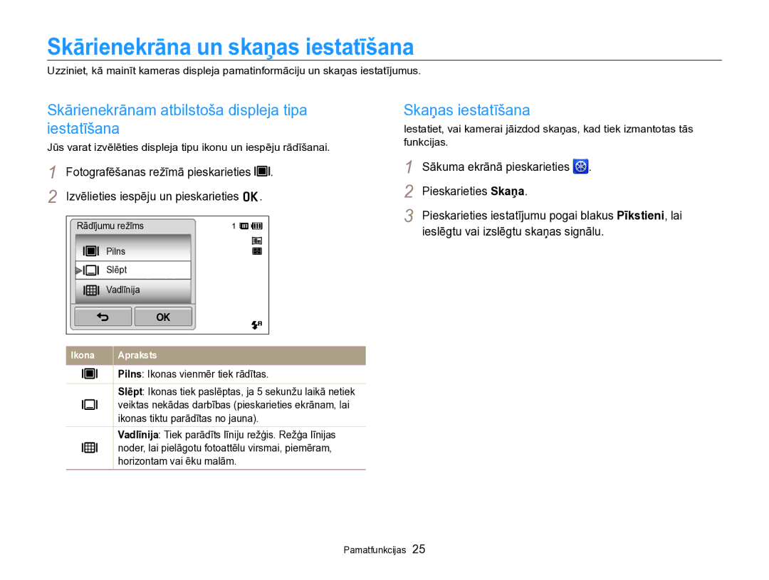 Samsung EC-SH100ZBPBE2 manual Skārienekrāna un skaņas iestatīšana, Skārienekrānam atbilstoša displeja tipa iestatīšana 