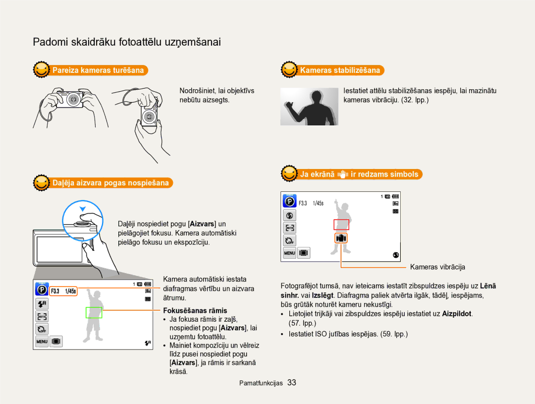 Samsung EC-SH100ZBPBE2 manual Pareiza kameras turēšana Kameras stabilizēšana, Fokusēšanas rāmis 