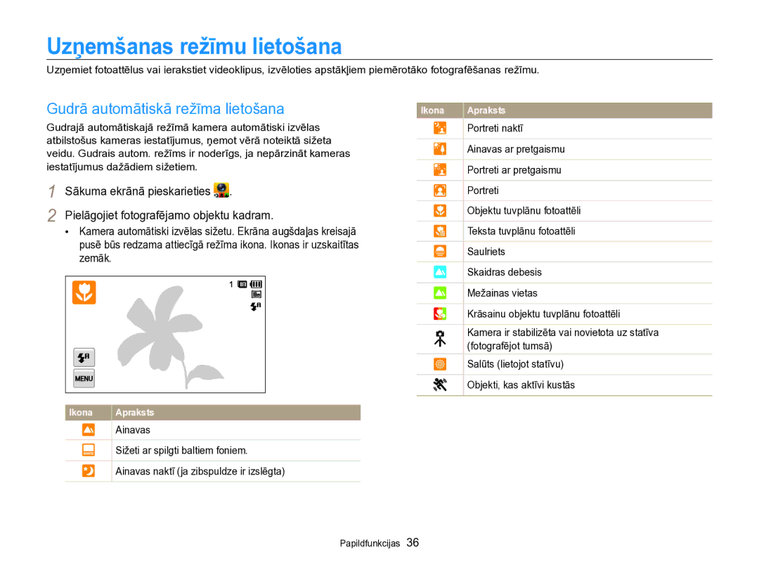 Samsung EC-SH100ZBPBE2 manual Uzņemšanas režīmu lietošana, Gudrā automātiskā režīma lietošana, Zemāk 