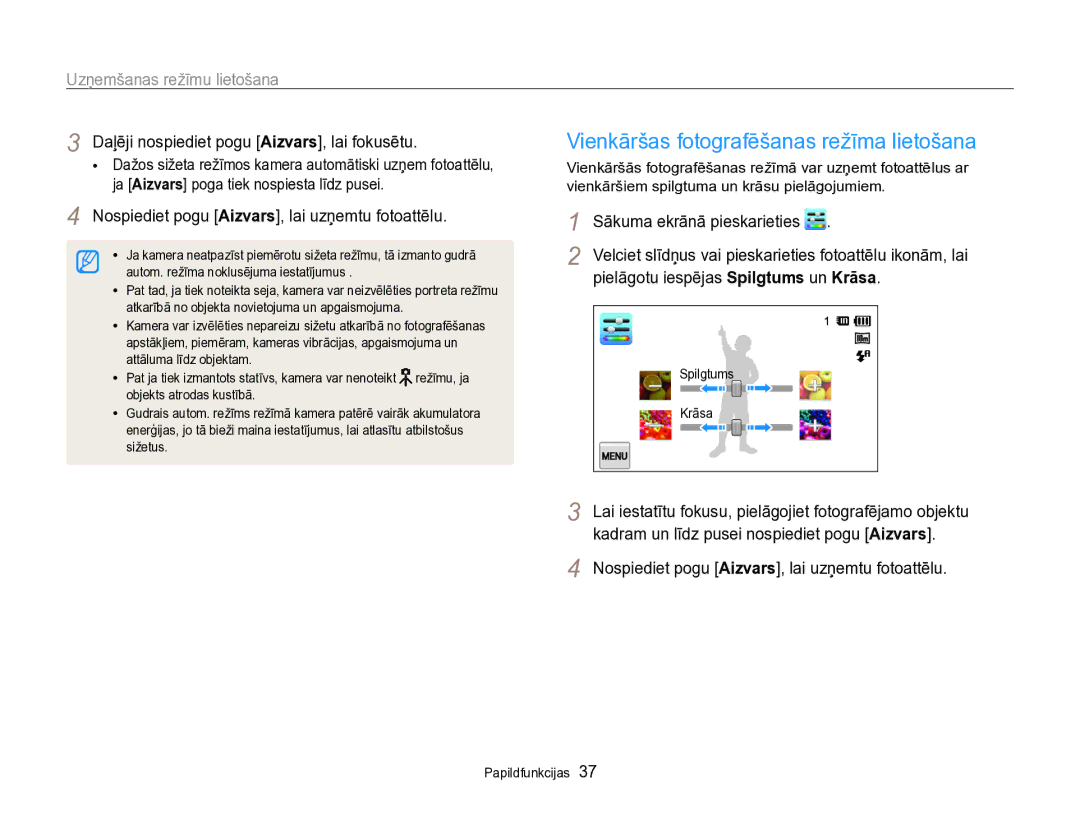 Samsung EC-SH100ZBPBE2 manual Vienkāršas fotografēšanas režīma lietošana, Uzņemšanas režīmu lietošana 