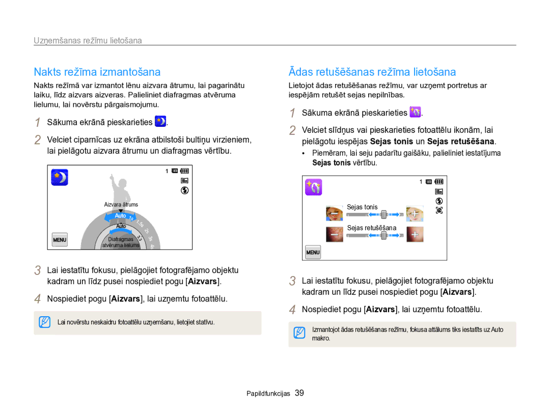 Samsung EC-SH100ZBPBE2 manual Nakts režīma izmantošana, Ādas retušēšanas režīma lietošana, Sejas tonis vērtību 