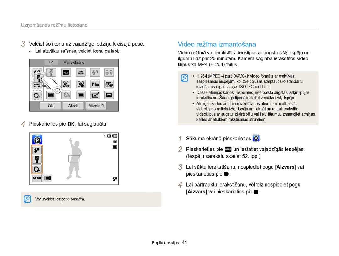 Samsung EC-SH100ZBPBE2 manual Video režīma izmantošana, Velciet šo ikonu uz vajadzīgo lodziņu kreisajā pusē 