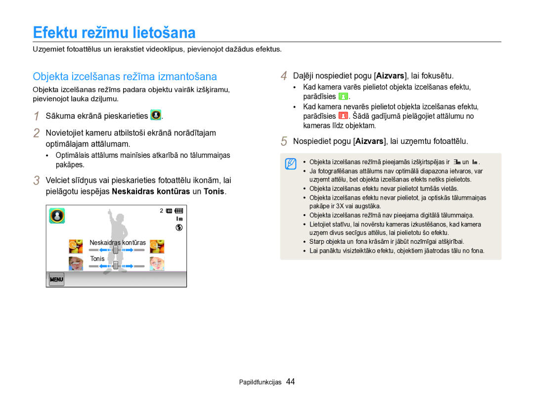 Samsung EC-SH100ZBPBE2 manual Efektu režīmu lietošana, Objekta izcelšanas režīma izmantošana, Optimālajam attālumam 