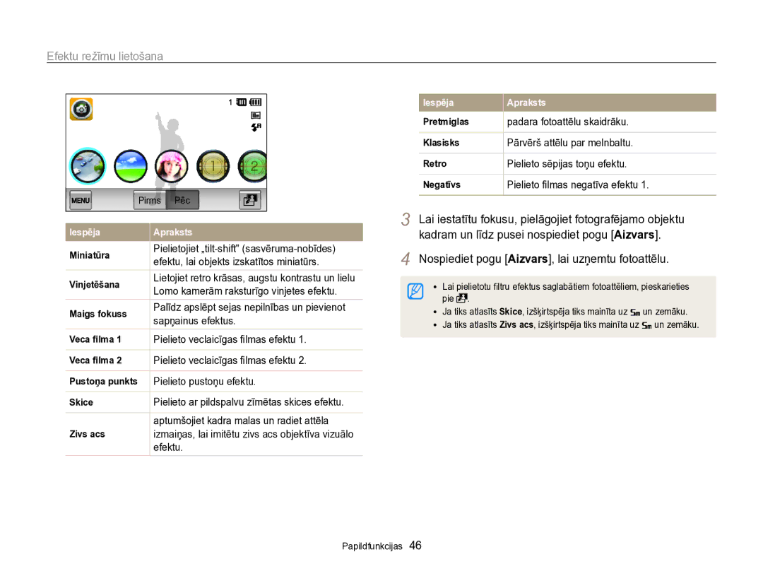 Samsung EC-SH100ZBPBE2 manual Padara fotoattēlu skaidrāku, Pārvērš attēlu par melnbaltu, Pielieto sēpijas toņu efektu 