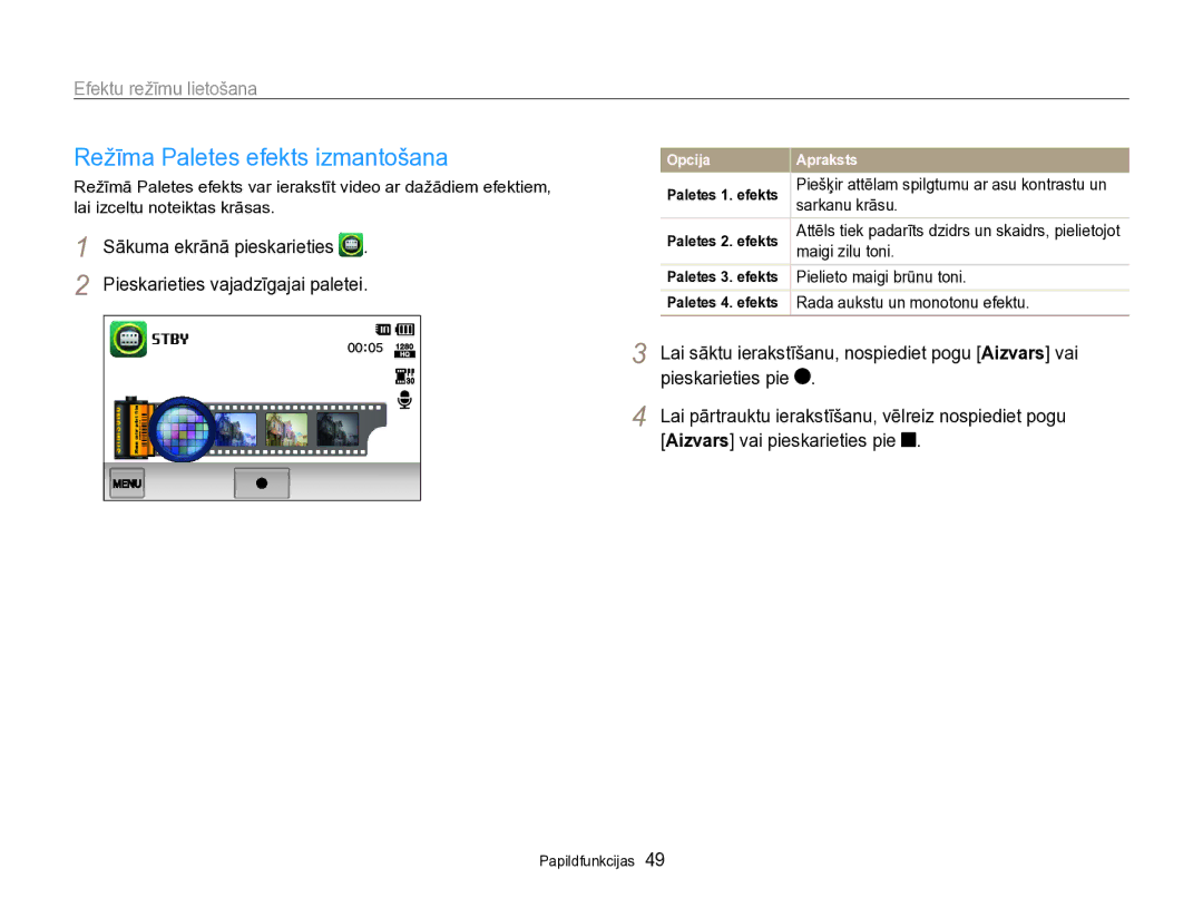 Samsung EC-SH100ZBPBE2 manual Režīma Paletes efekts izmantošana, Sarkanu krāsu, Maigi zilu toni, Pielieto maigi brūnu toni 