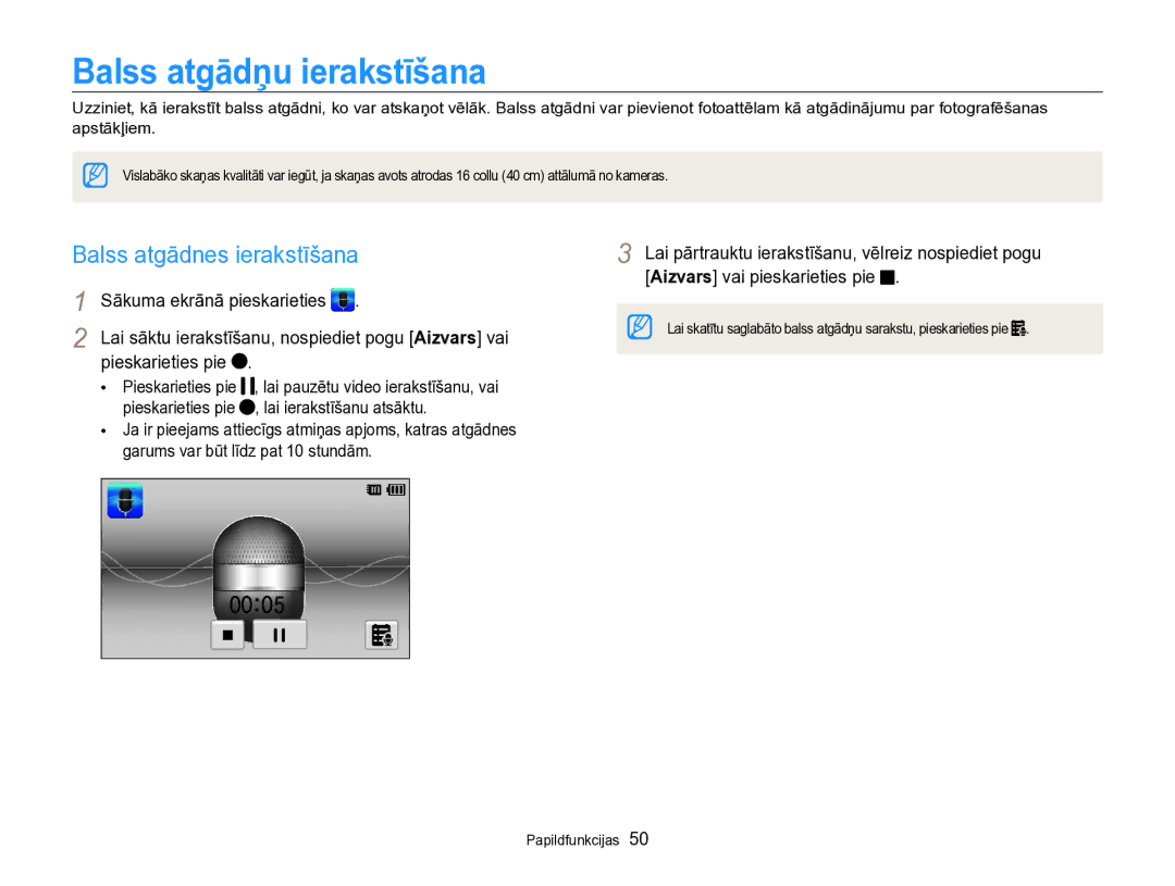 Samsung EC-SH100ZBPBE2 manual Balss atgādņu ierakstīšana, Balss atgādnes ierakstīšana, Pieskarieties pie 