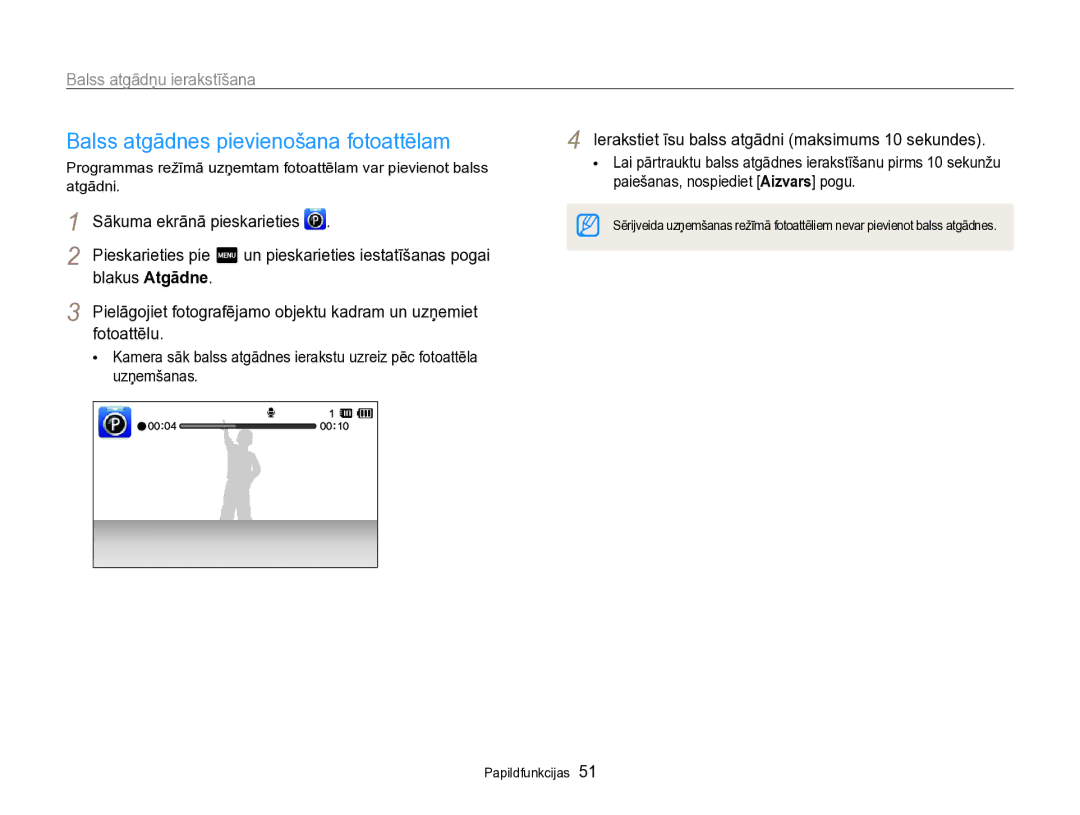 Samsung EC-SH100ZBPBE2 manual Balss atgādnes pievienošana fotoattēlam, Balss atgādņu ierakstīšana, Blakus Atgādne 