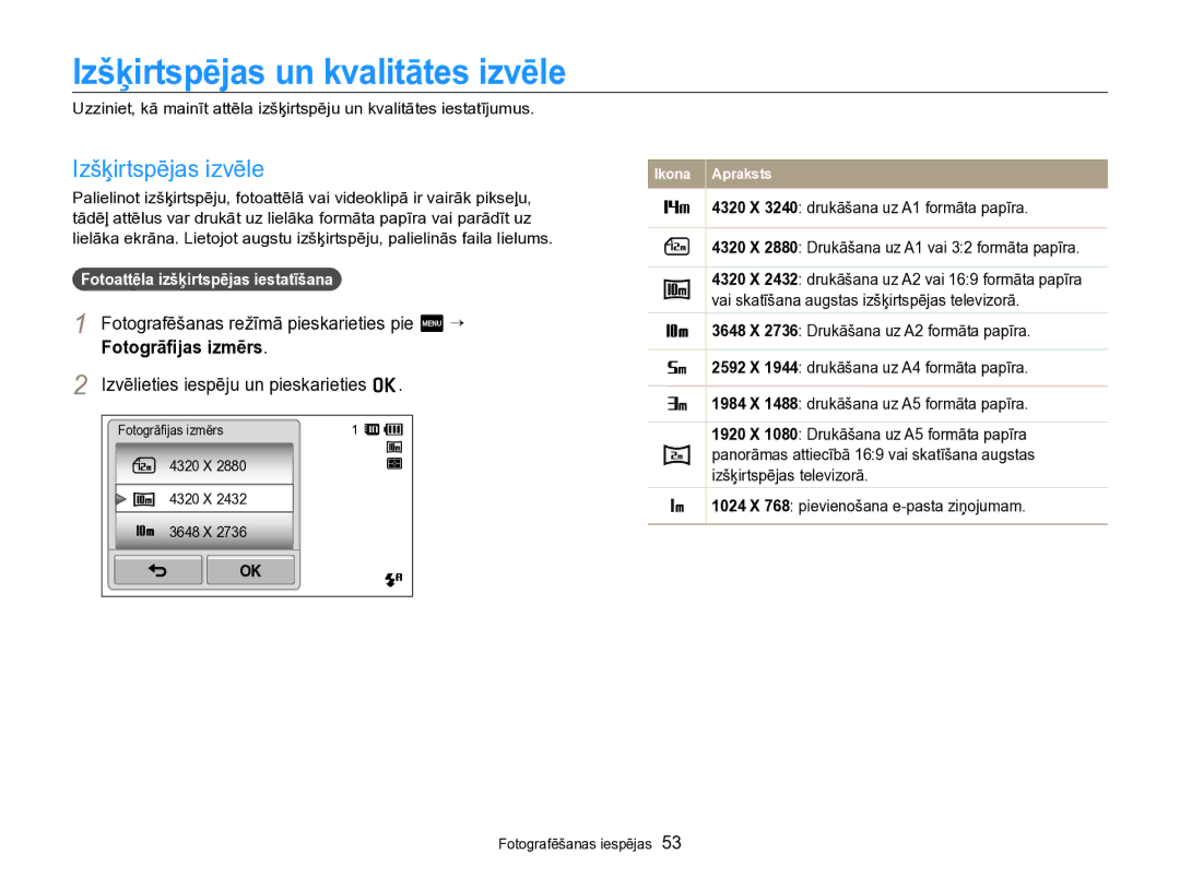 Samsung EC-SH100ZBPBE2 Izšķirtspējas un kvalitātes izvēle, Izšķirtspējas izvēle, Izvēlieties iespēju un pieskarieties o 