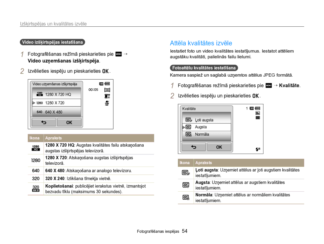 Samsung EC-SH100ZBPBE2 manual Izšķirtspējas un kvalitātes izvēle, Fotografēšanas režīmā pieskarieties pie m “ 