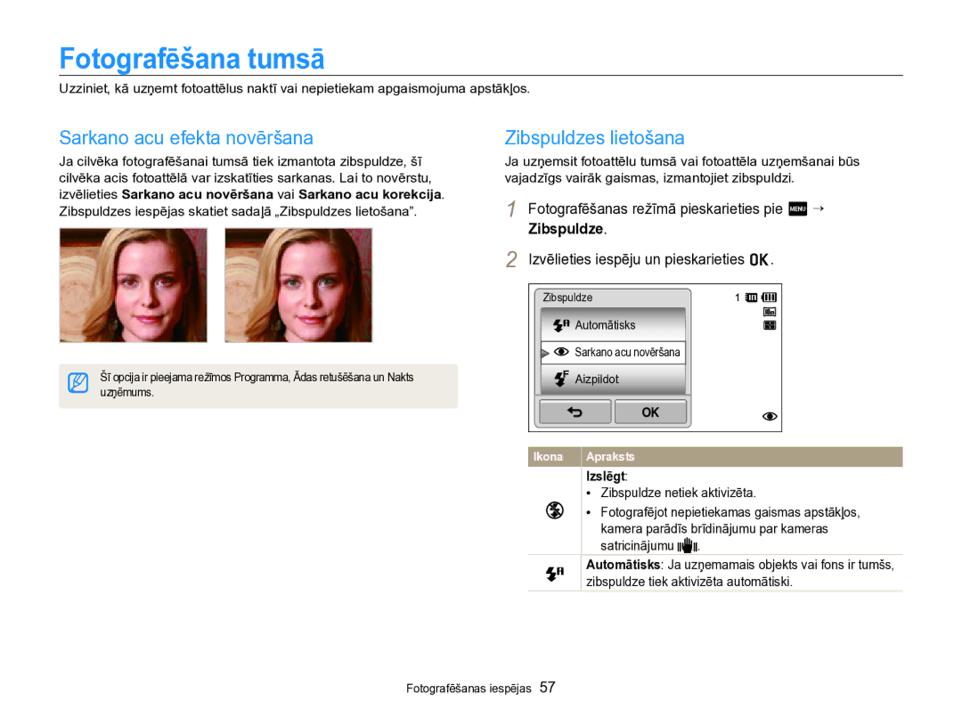 Samsung EC-SH100ZBPBE2 manual Fotografēšana tumsā, Sarkano acu efekta novēršana, Zibspuldzes lietošana, Izslēgt 