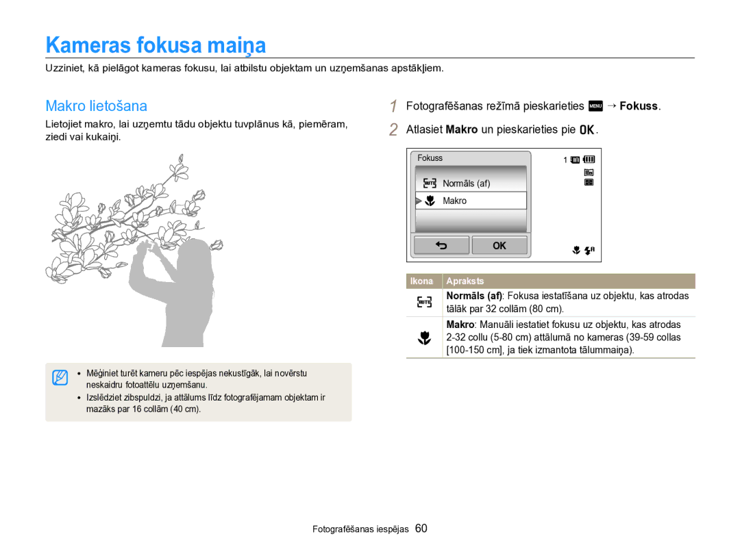 Samsung EC-SH100ZBPBE2 manual Kameras fokusa maiņa, Makro lietošana 