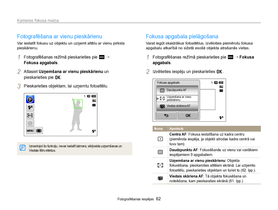 Samsung EC-SH100ZBPBE2 manual Fotografēšana ar vienu pieskārienu, Fokusa apgabala pielāgošana 