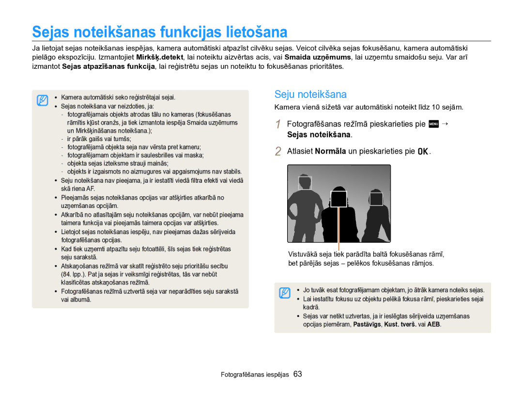 Samsung EC-SH100ZBPBE2 Sejas noteikšanas funkcijas lietošana, Seju noteikšana, Atlasiet Normāla un pieskarieties pie o 