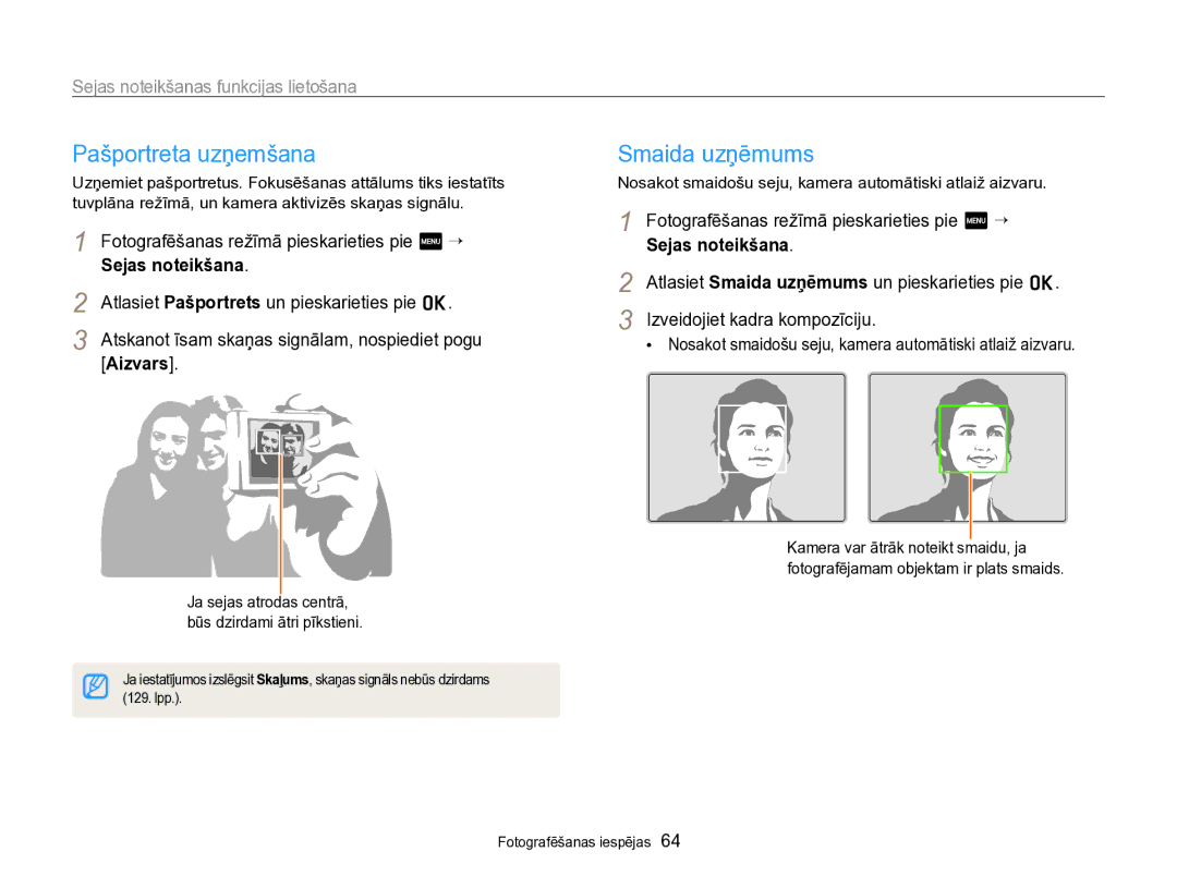 Samsung EC-SH100ZBPBE2 manual Pašportreta uzņemšana, Smaida uzņēmums, Sejas noteikšanas funkcijas lietošana 