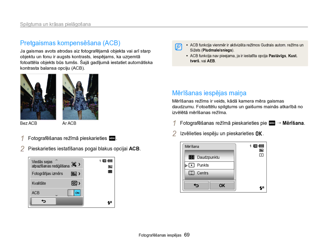 Samsung EC-SH100ZBPBE2 manual Pretgaismas kompensēšana ACB, Spilgtuma un krāsas pielāgošana 