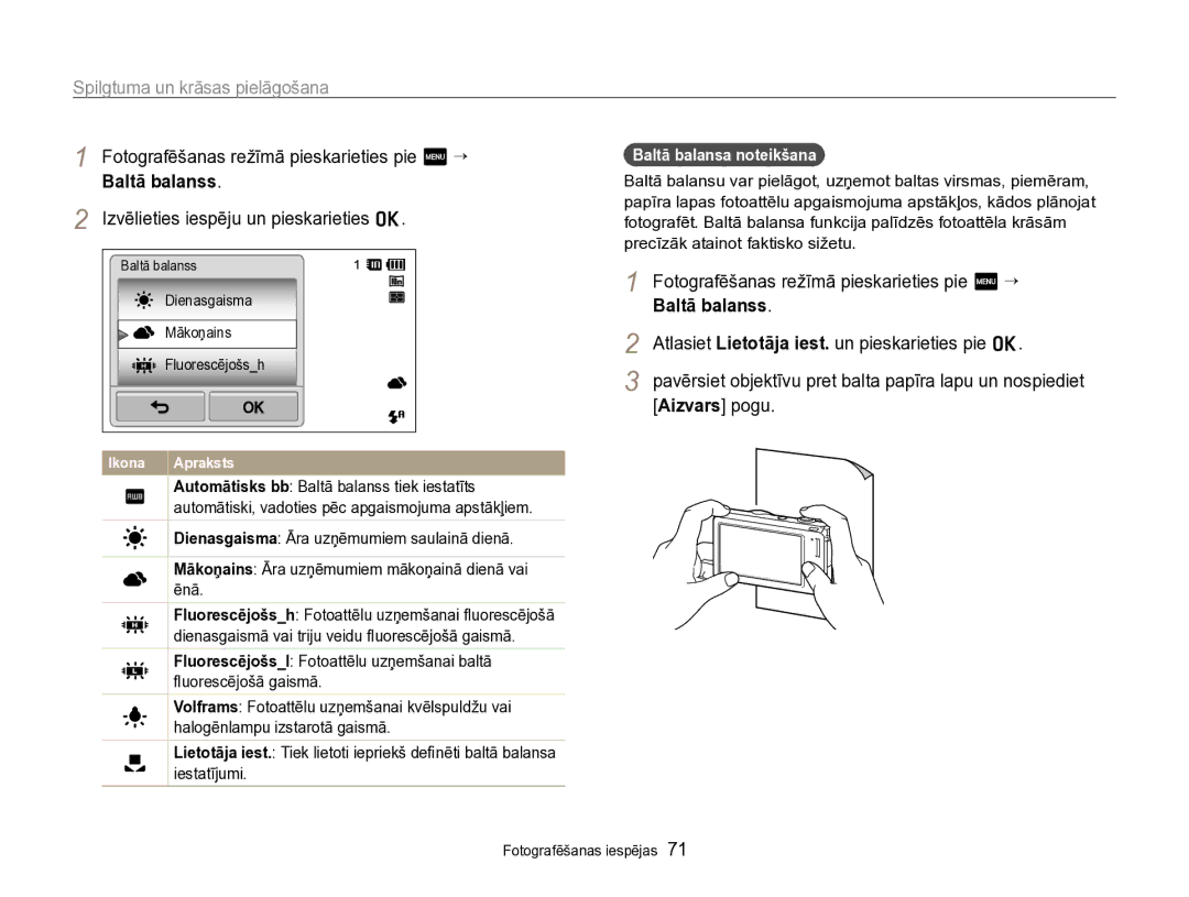 Samsung EC-SH100ZBPBE2 Fotografēšanas režīmā pieskarieties pie m “ Baltā balanss, Aizvars pogu, Baltā balansa noteikšana 