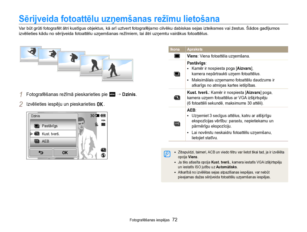 Samsung EC-SH100ZBPBE2 manual Sērijveida fotoattēlu uzņemšanas režīmu lietošana, Pastāvīgs 