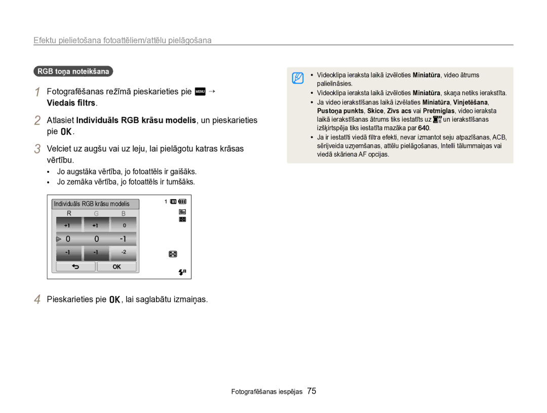 Samsung EC-SH100ZBPBE2 manual Pieskarieties pie o, lai saglabātu izmaiņas, RGB toņa noteikšana 