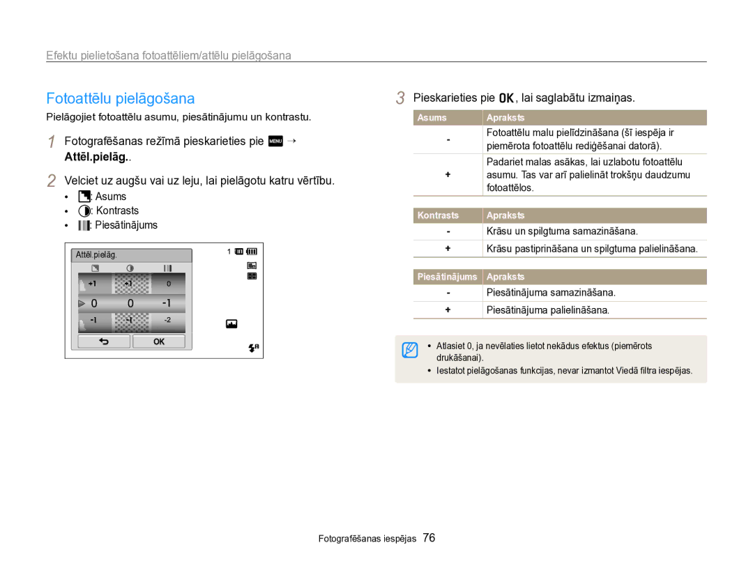 Samsung EC-SH100ZBPBE2 Fotoattēlu pielāgošana, Attēl.pielāg, Velciet uz augšu vai uz leju, lai pielāgotu katru vērtību 