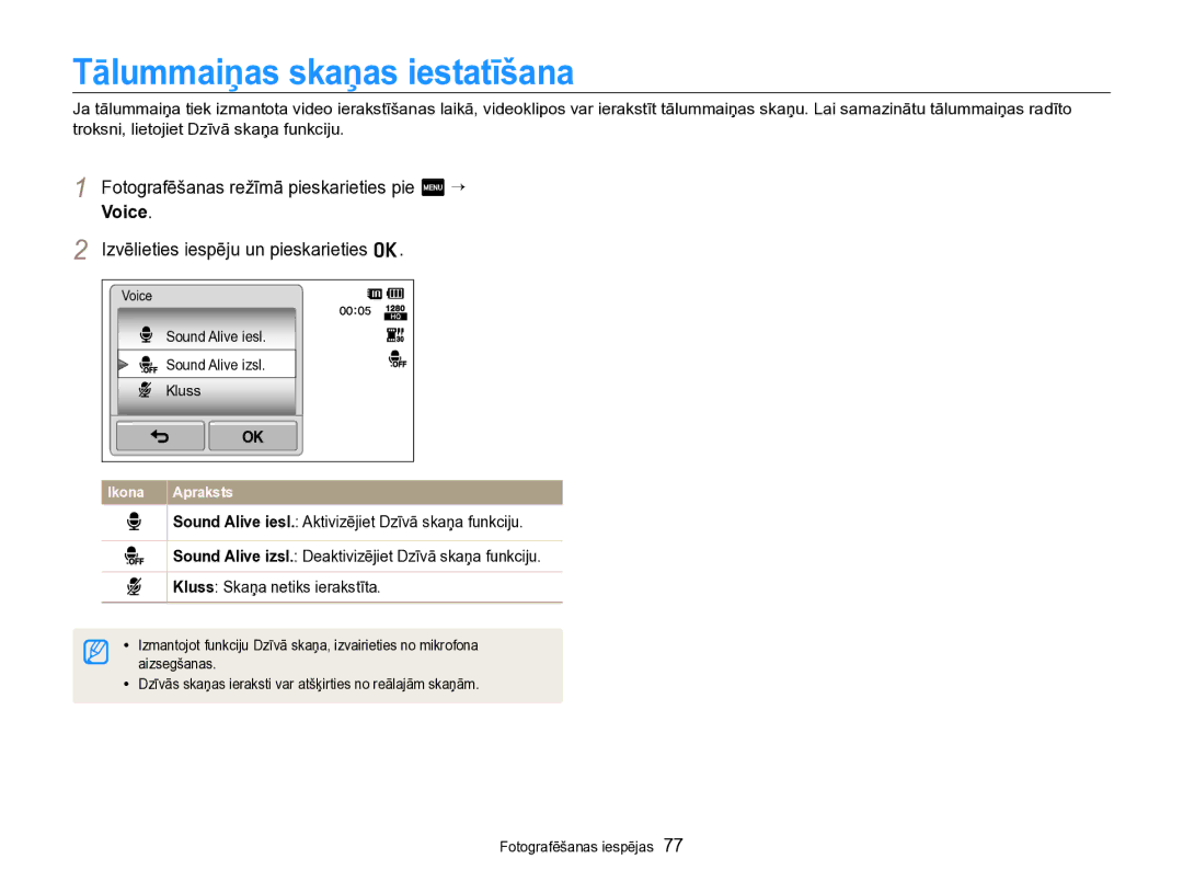 Samsung EC-SH100ZBPBE2 manual Tālummaiņas skaņas iestatīšana, Voice 