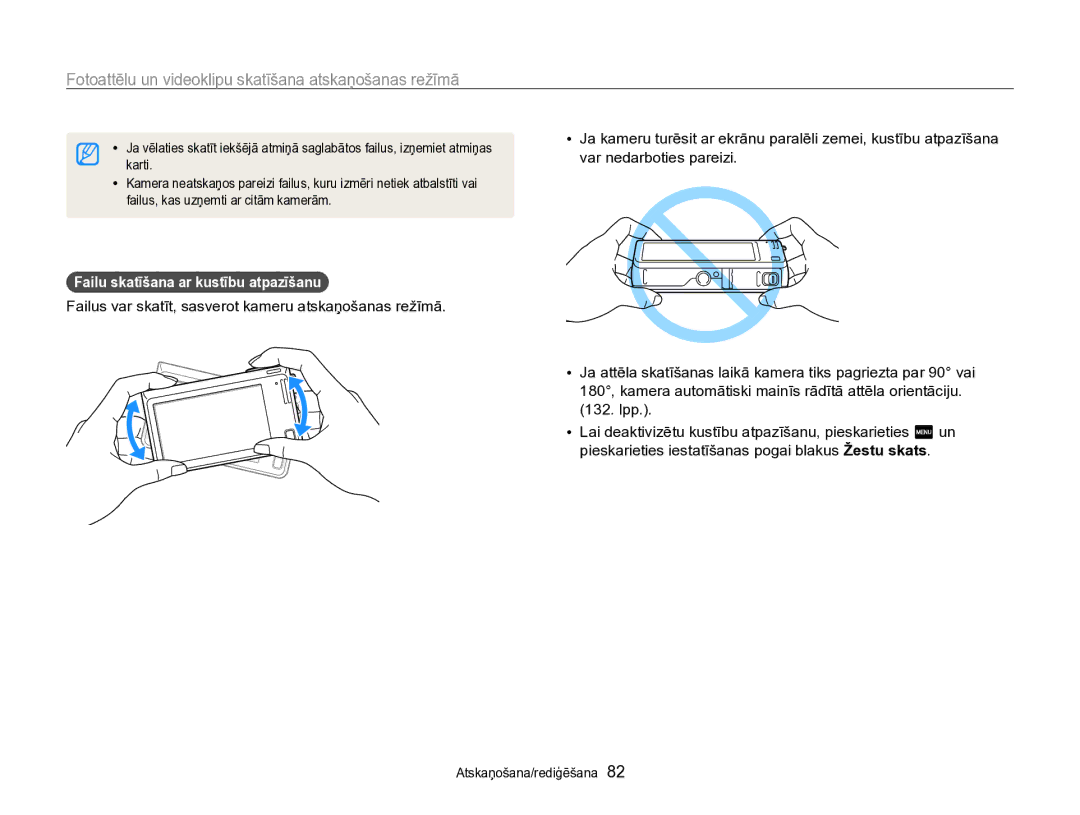 Samsung EC-SH100ZBPBE2 manual Fotoattēlu un videoklipu skatīšana atskaņošanas režīmā, Failu skatīšana ar kustību atpazīšanu 