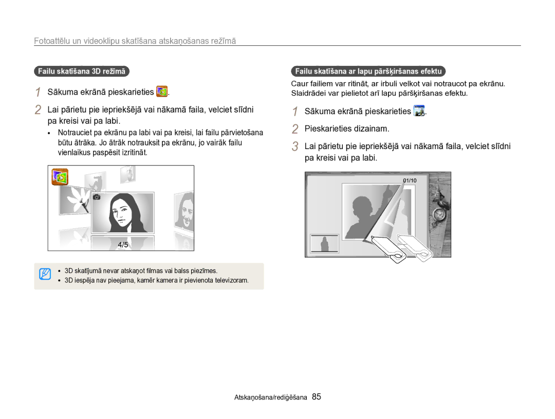 Samsung EC-SH100ZBPBE2 manual Pa kreisi vai pa labi, Pieskarieties dizainam, Failu skatīšana 3D režīmā 