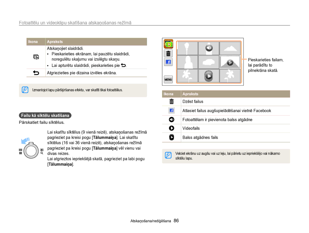 Samsung EC-SH100ZBPBE2 manual Atskaņojiet slaidrādi, Failu kā sīktēlu skatīšana, Pārskatiet failu sīktēlus, Lai parādītu to 