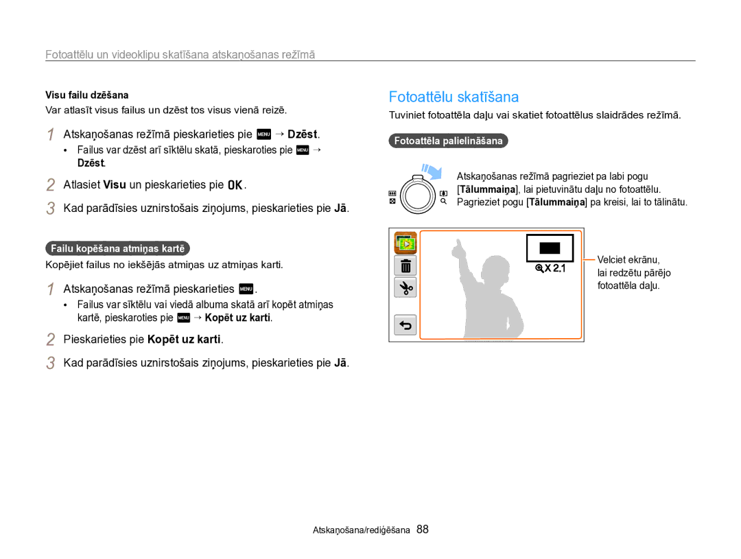 Samsung EC-SH100ZBPBE2 manual Fotoattēlu skatīšana, Atskaņošanas režīmā pieskarieties pie m “ Dzēst 