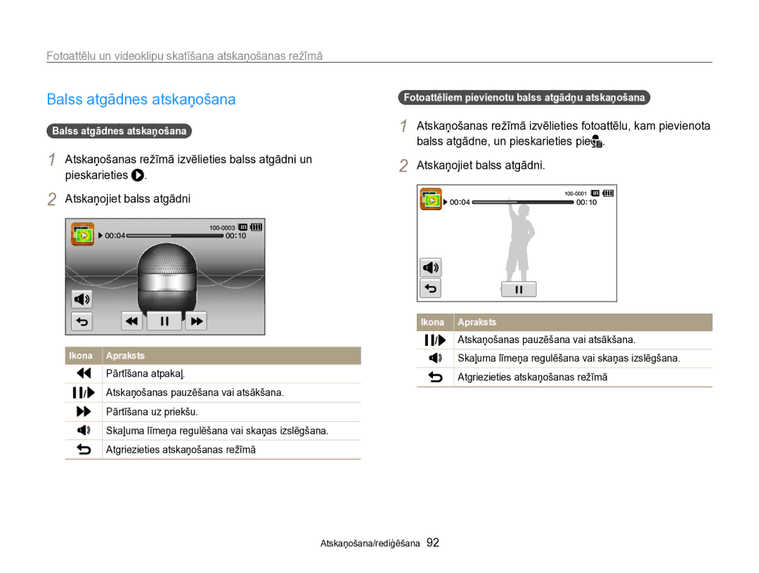 Samsung EC-SH100ZBPBE2 manual Balss atgādnes atskaņošana, Fotoattēliem pievienotu balss atgādņu atskaņošana 