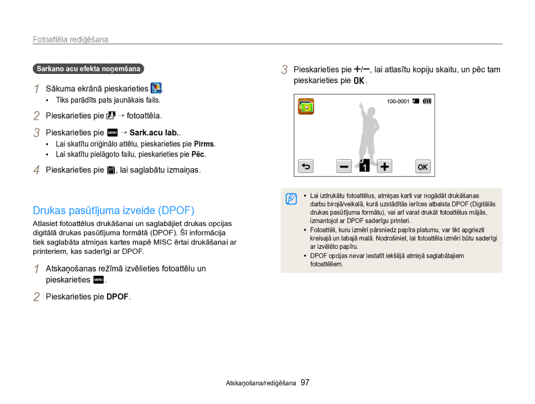 Samsung EC-SH100ZBPBE2 manual Drukas pasūtījuma izveide Dpof, Sarkano acu efekta noņemšana 