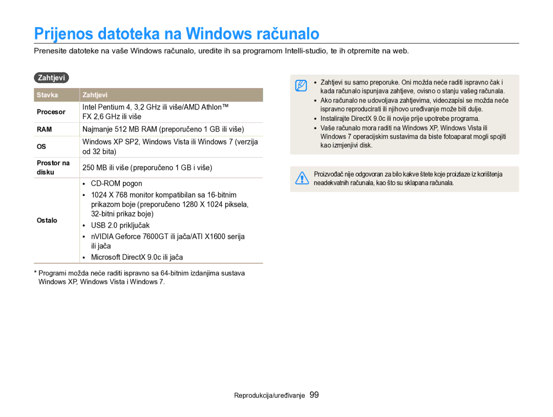 Samsung EC-SH100ZBPRE3, EC-SH100ZBPBE3, EC-SH100ZBPSE3 manual Prijenos datoteka na Windows računalo, Zahtjevi 