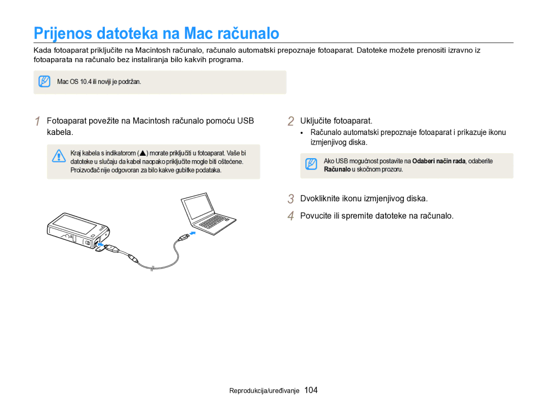 Samsung EC-SH100ZBPBE3 Prijenos datoteka na Mac računalo, Fotoaparat povežite na Macintosh računalo pomoću USB kabela 