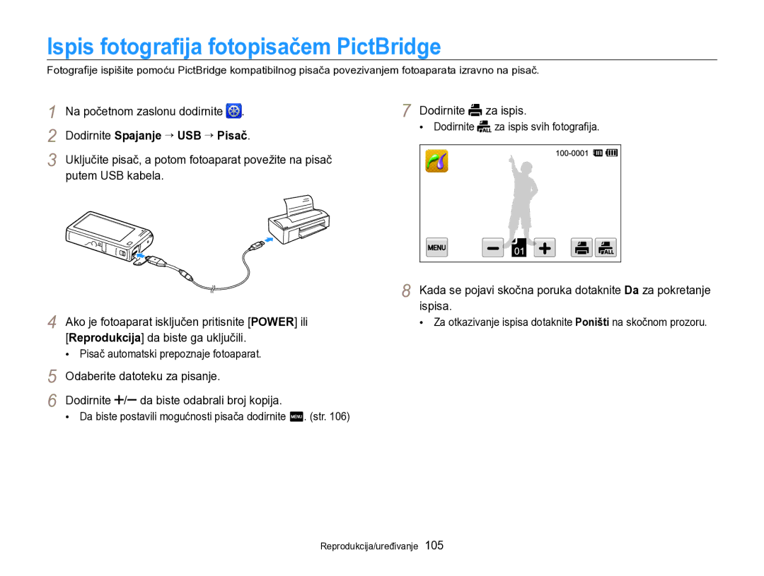 Samsung EC-SH100ZBPRE3 manual Ispis fotograﬁja fotopisačem PictBridge, Dodirnite Spajanje “ USB “ Pisač, Dodirnite za ispis 