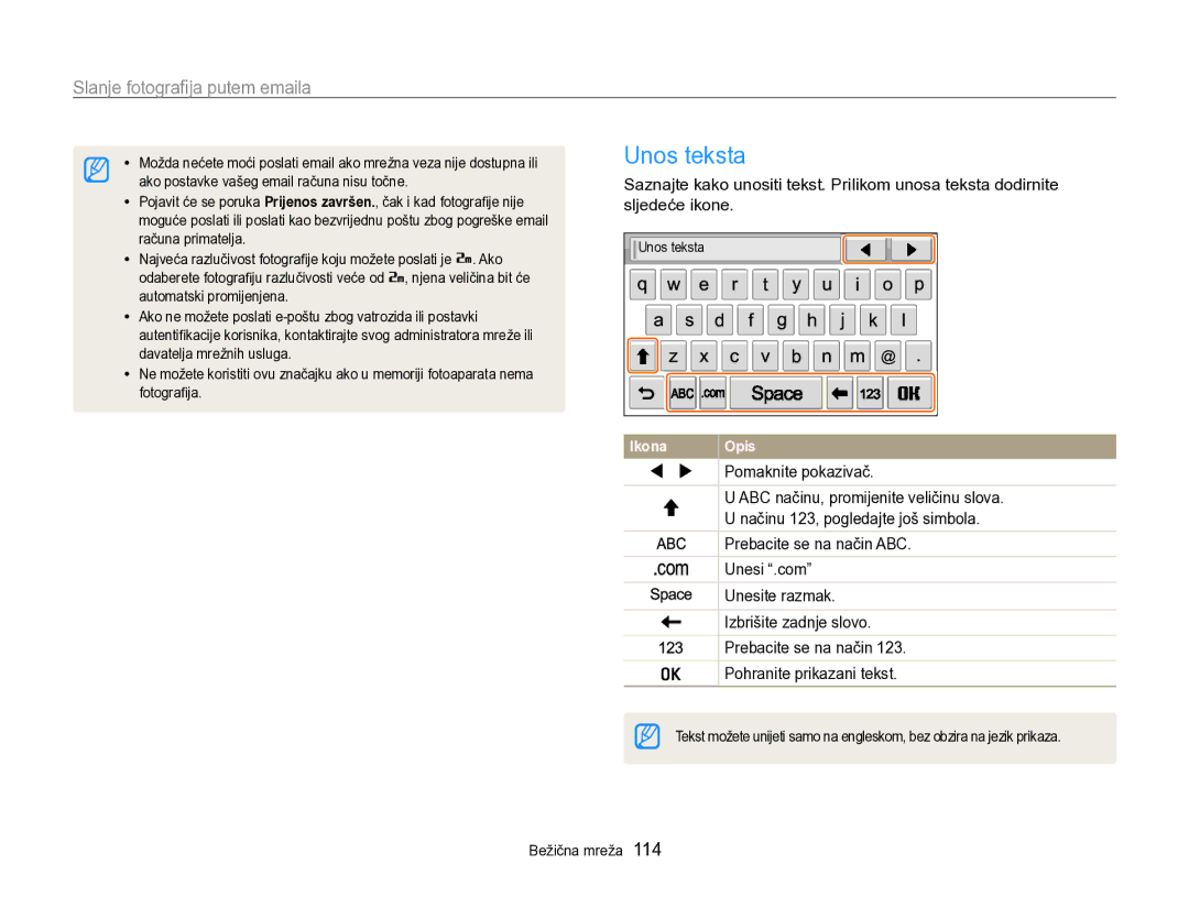 Samsung EC-SH100ZBPRE3, EC-SH100ZBPBE3, EC-SH100ZBPSE3 manual Unos teksta 