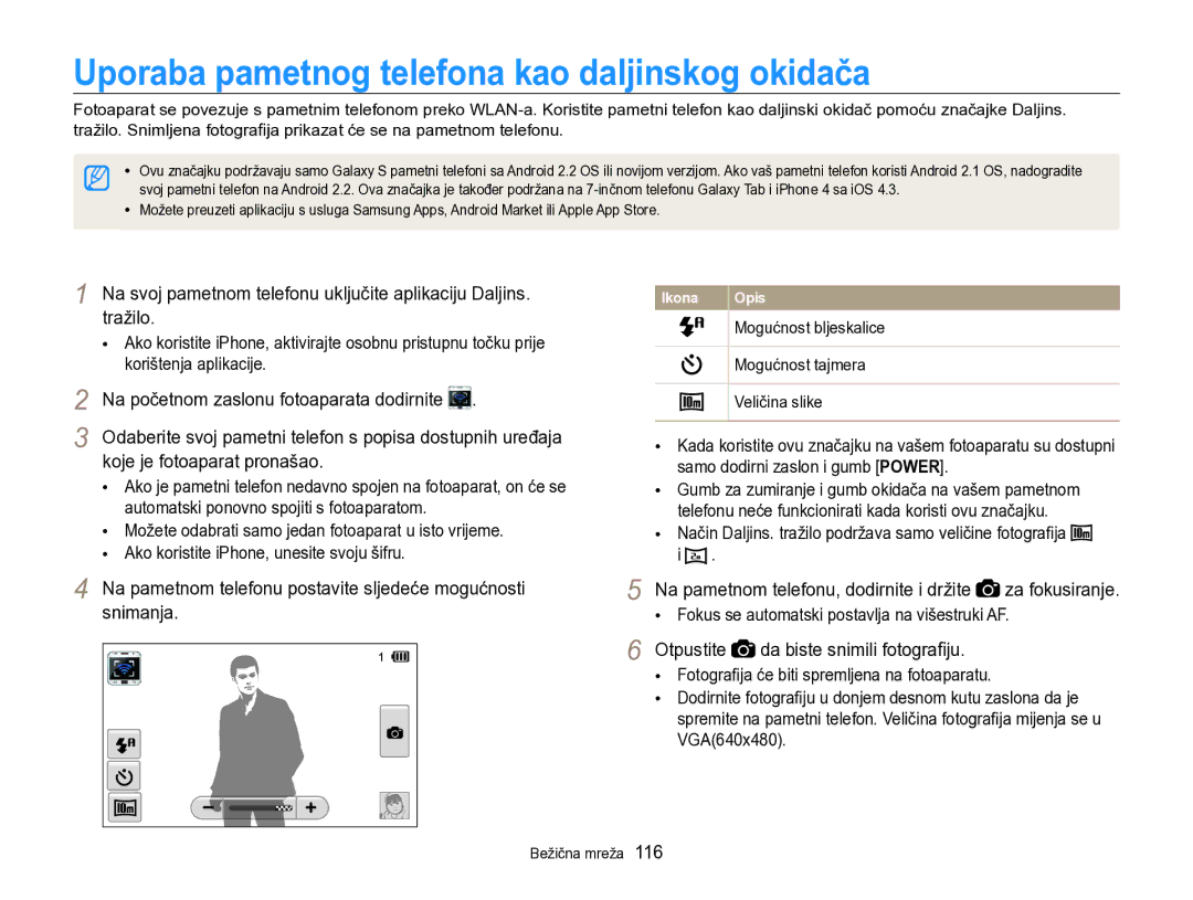 Samsung EC-SH100ZBPBE3 manual Uporaba pametnog telefona kao daljinskog okidača, Na početnom zaslonu fotoaparata dodirnite 