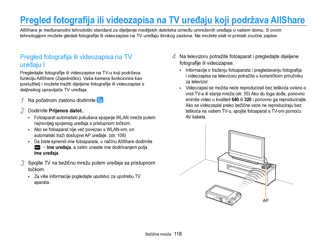 Samsung EC-SH100ZBPSE3, EC-SH100ZBPBE3 manual Pregled fotograﬁja ili videozapisa na TV uređaju, Dodirnite Prijenos datot 