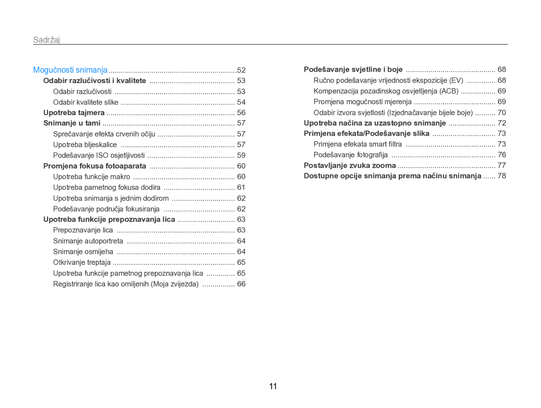 Samsung EC-SH100ZBPBE3, EC-SH100ZBPRE3, EC-SH100ZBPSE3 manual Sadržaj, Podešavanje područja fokusiranja 