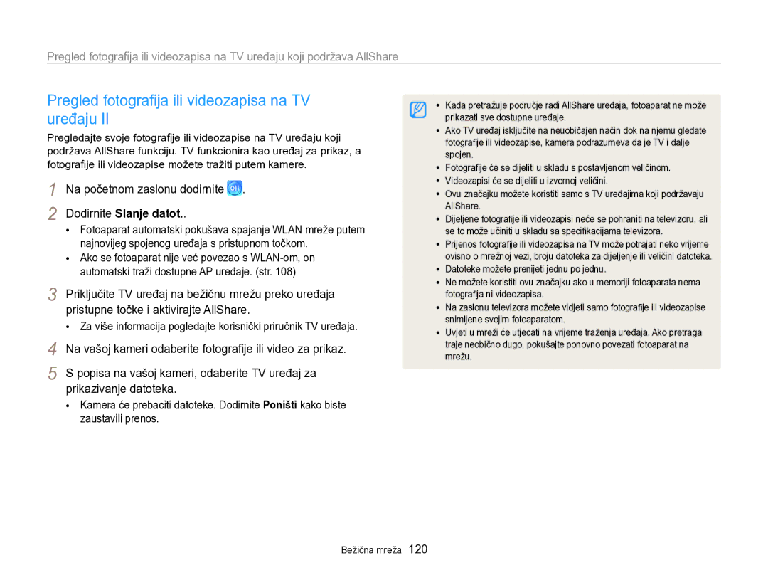 Samsung EC-SH100ZBPRE3 manual Dodirnite Slanje datot, Pristupne točke i aktivirajte AllShare, Prikazivanje datoteka 