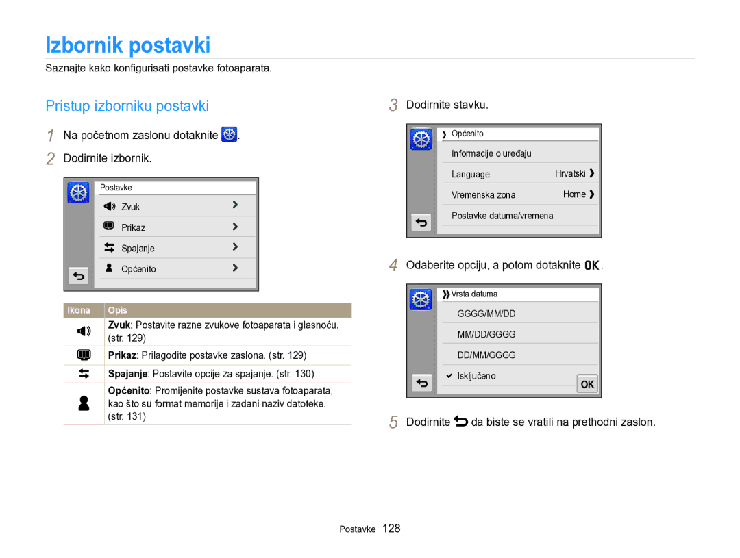 Samsung EC-SH100ZBPBE3, EC-SH100ZBPRE3 Izbornik postavki, Pristup izborniku postavki, Dodirnite izbornik, Dodirnite stavku 