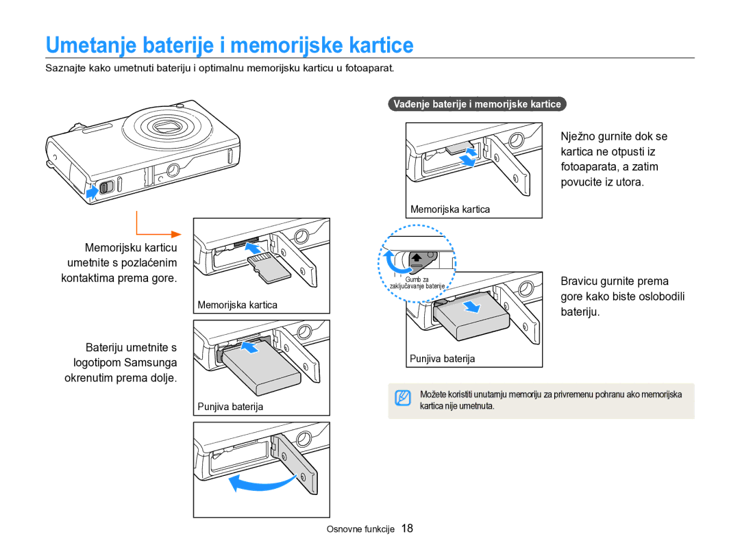 Samsung EC-SH100ZBPRE3 Umetanje baterije i memorijske kartice, Bravicu gurnite prema gore kako biste oslobodili bateriju 