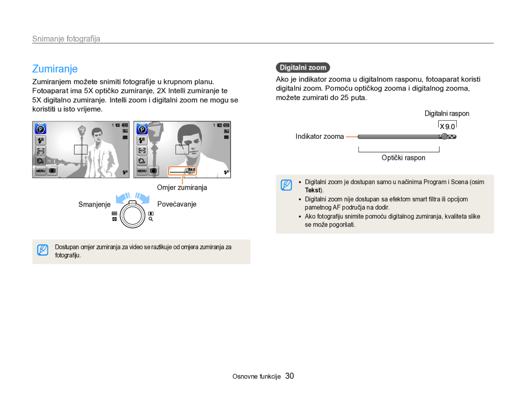 Samsung EC-SH100ZBPRE3, EC-SH100ZBPBE3, EC-SH100ZBPSE3 manual Zumiranje, Snimanje fotograﬁja, Digitalni zoom 