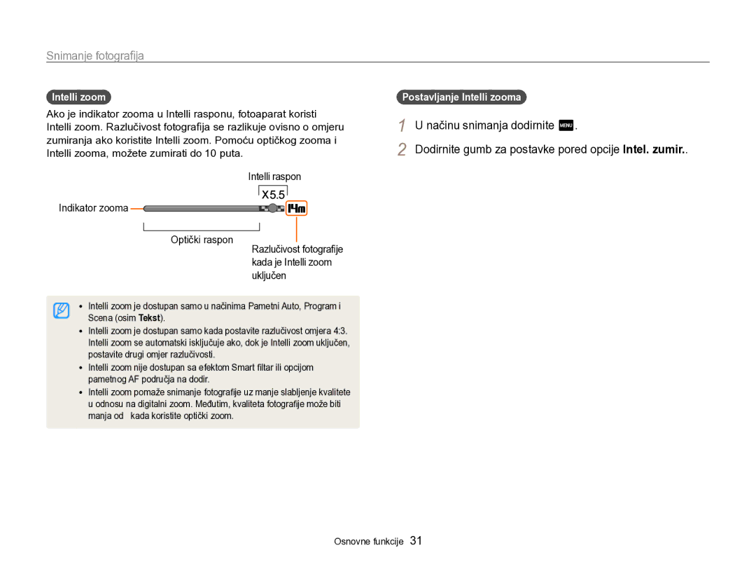Samsung EC-SH100ZBPSE3, EC-SH100ZBPBE3, EC-SH100ZBPRE3 manual Načinu snimanja dodirnite m, Intelli zoom 