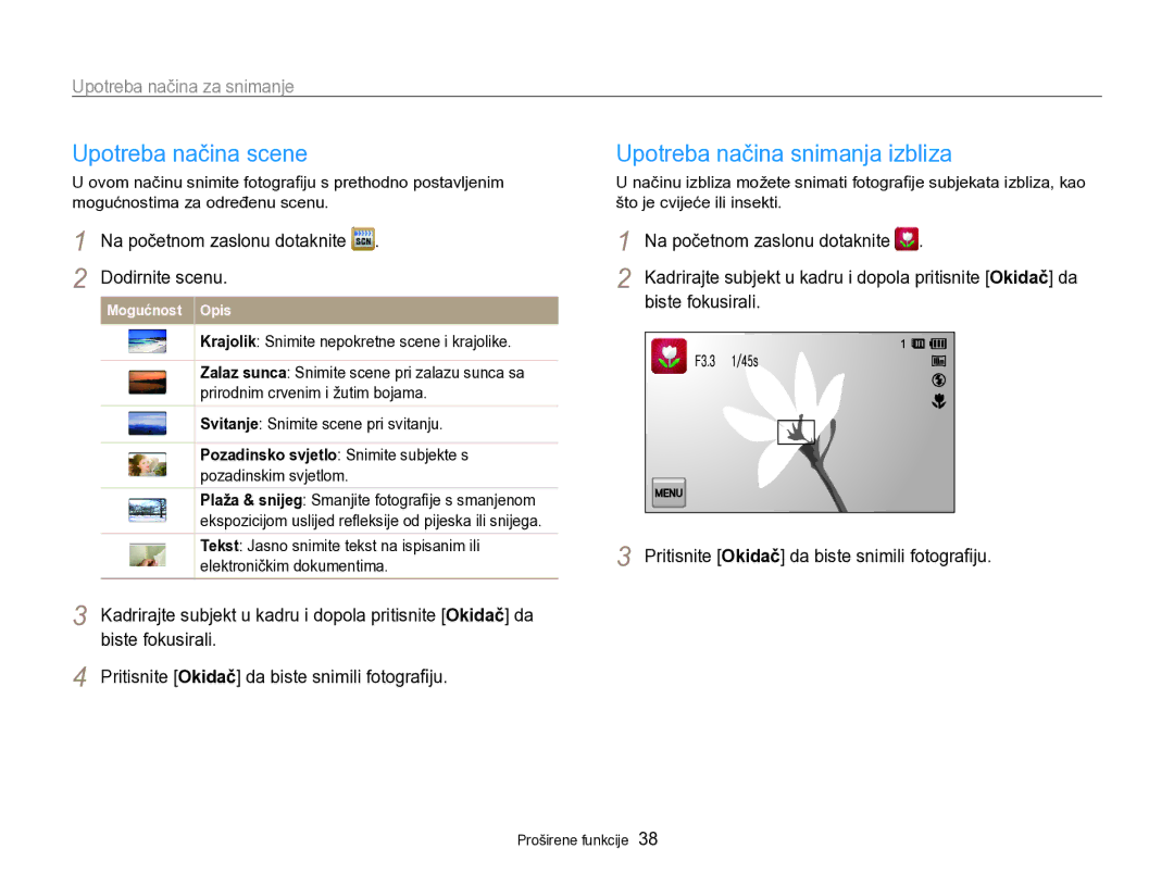 Samsung EC-SH100ZBPBE3 manual Upotreba načina scene, Upotreba načina snimanja izbliza, Dodirnite scenu, Biste fokusirali 