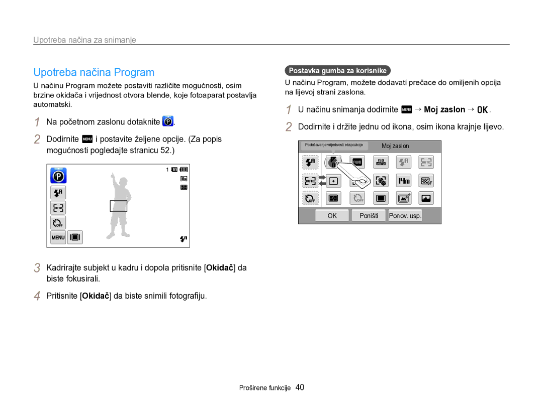 Samsung EC-SH100ZBPSE3 manual Upotreba načina Program, Mogućnosti pogledajte stranicu, Postavka gumba za korisnike 